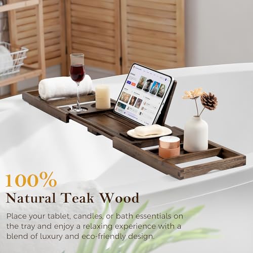 Teak Bathtub Tray, Expandable Bath Tray for Tub 28–40in, Foldable Bath Caddy with Wine Holder, Phone & Tablet Stand, Wooden Bathtub Organizer, Luxury Spa Bathroom Accessories Gift - Dark Walnut Finish - color: Dark Walnut - Solid Teak Wood