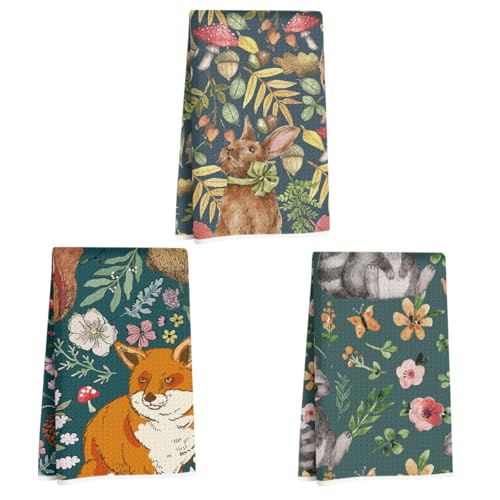 3Pcs Animal Flower Kitchen Towels Reusable Waffle Dish Hand Towels | Fox Bunny Microfiber Cloth Tea Towel for Bathroom kitchen Home Farmhouse Decor, Raccoon Gifts for Women Mom, 24x14 Inch - color: Multi 1346