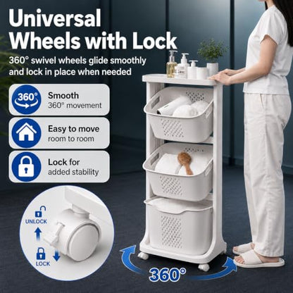 Japard Rolling Laundry Hamper Ultra Slim 22.9 Gal, 4 Sorter Vertical Stackable Baskets with Wheels for Small Space, Dorm, Closet, Bathroom, Easy Assembly White Gray - size: 4 Tier