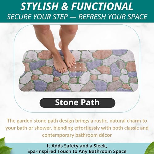 ENKOSI Non-Slip Bath & Shower Mat 40x16 Extra Long, Suction & Drain Holes | Stone Path spa look; Durable PVC; 40x16 in, Stone Path - color: Stone Path
