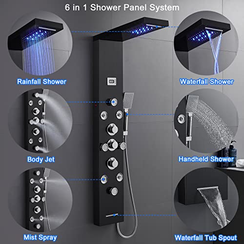 POPFLY 6 In 1 LED Shower Panel Tower System, 8 Body Massage Jets, 304 Stainless Steel Wall Mount Rainfall ＆ Waterfall Shower Column Towers with Temperature Display, Tub Spout, Black - color: 8 Jets-Black