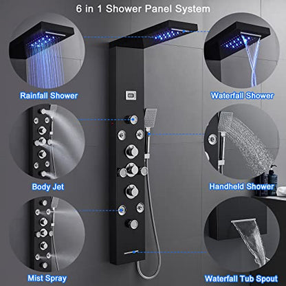 POPFLY 6 In 1 LED Shower Panel Tower System, 8 Body Massage Jets, 304 Stainless Steel Wall Mount Rainfall ＆ Waterfall Shower Column Towers with Temperature Display, Tub Spout, Black - color: 8 Jets-Black