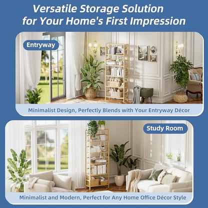 HITNET Bamboo Shelf, 6-Tier Adjustable Tall Open Bookcase, Bathroom Storage Rack Freestanding Shelving Unit, Plant Display Stand for Small Space, Natural - color: Natural