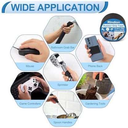 Rindion Rubber Tape, Ultra-Thin Waterproof Grip Tape 2 in x 9.8 FT, Anti-Slip Textured Rubber Grip Tape for Handles, Tools, DIY, Home Use, Comfortable in Hands (Black)