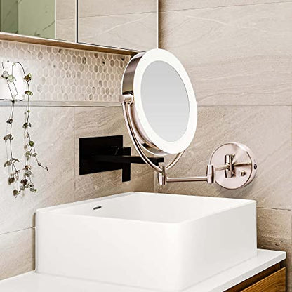 Ovente 7.5" Lighted Wall Mount Makeup Mirror, 1X & 10X Magnifier, Spinning Double Sided Round LED w/ Dimmer Switch, Extend, Retractable & Folding Arm, Battery USB Powered Nickel Brushed MLW75BR1X10X - color: Nickel Brushed, size: 10.3"L x 12.4"W, style: 1