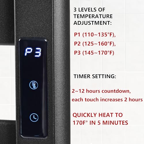 Towel Warmer for Bathroom, 6-Bar, Upgraded Extra-Wide Heating Area, Built-in Timer and Temperature Adjustment, Overheating Protection. Large Free-Standing Heated Towel Rack，Matte Black