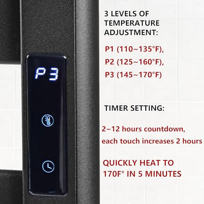Towel Warmer for Bathroom, 6-Bar, Upgraded Extra-Wide Heating Area, Built-in Timer and Temperature Adjustment, Overheating Protection. Large Free-Standing Heated Towel Rack，Matte Black