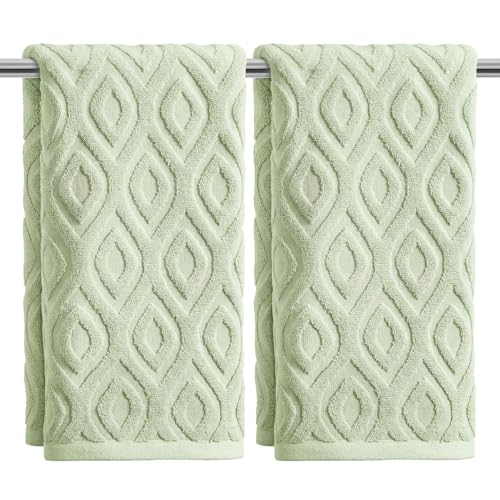 Artoid Mode 2 Pcs Light Green 3D Diamond Grid Jacquard Hand Towels for Bathroom, 100% Cotton Soft Absorbent Bathroom Decor Towels, 13.7 x 29.5 Inch - color: Light Green, size: 13.7" x 29.5", 2PCS