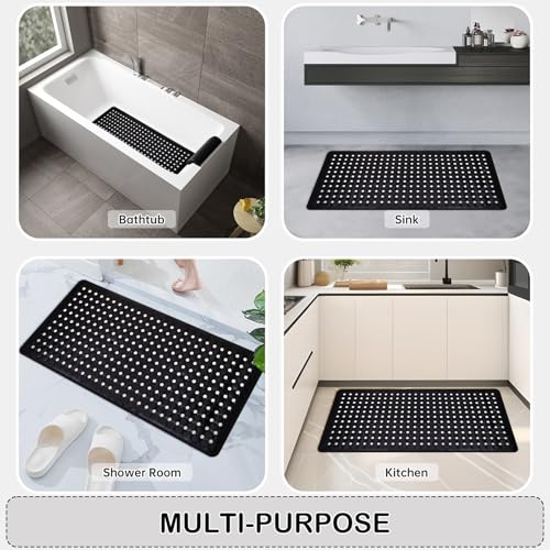Non-Slip Bathtub and Shower Mats, Power Grip Bath Mat 35 x 16.3 Inch with Suction Cups and Drain Holes for Tub Bathroom Floor Safety, Machine Washable Soft Bathmat, Black - color: Black