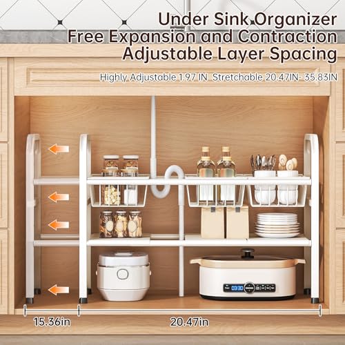 2 Tier Under Sink Organizer Expandable Length/Height Adjustable Heavy | removable panels & baskets, 150% capacity boost, 50lb steel, anti-wobble feet, fits kitchen/bath/laundry, easy set up