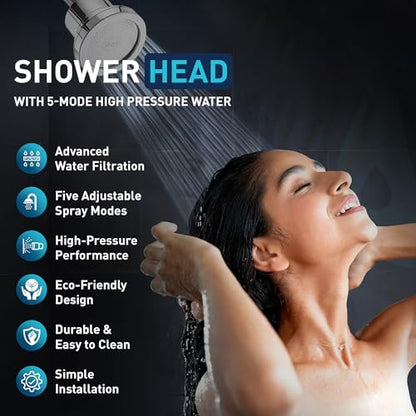 Mist Shower Filter Head for Hard Water Improves Skin, Hair, and Nails - 5 Modes High Output Filtered Shower Head with Filter Softens Water and Removes Chlorine and Heavy Metals, Matte Black - style: 5-mode Matte Black