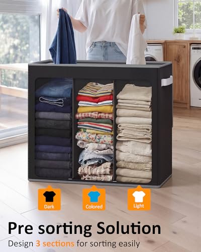 Optish 180L Laundry Hamper 3 Section, Large Laundry Hamper with Lid, Dirty Clothes Hampers with 3 Inner Bags, Laundry Basket Organizer for Laundry, Bedroom, Bathroom, Hamper 3 Compartment, Black - color: Black