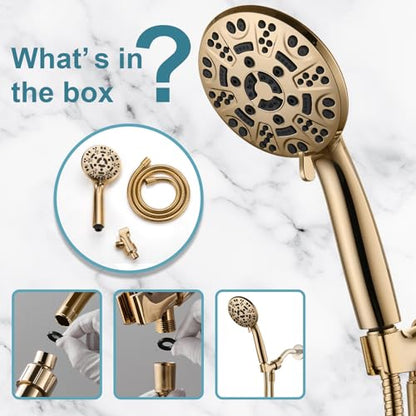 Cobbe 8-Setting Handheld Shower Head, Water-Saving Design, Gold | Trickle Pause Mode, 5ft Stainless Steel Hose, Brass Swivel Bracket, Tool-Free Installation - color: Gold