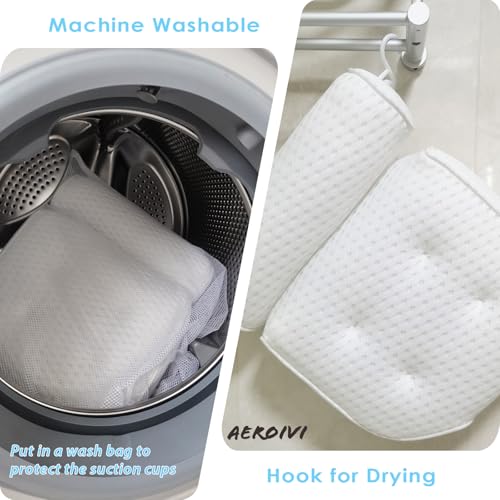 AEROiVi Luxury Bath Pillows for Tub Soft Mesh Strong 6 Suction Cups White | Bath Pillow with laundry bag head and neck support Relaxing Bath Washable Quick-Dry Bath Accessories Spa Gifts - color: White