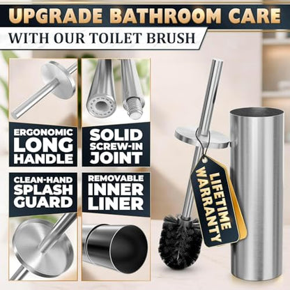 Toilet Brush and Holder Set, Stainless Steel Material (Silver) | Toilet Brush with Holder Set for Bathroom, Splash Protection & Dense Bristles for Bathroom Cleaning, Removable Inner Bowl