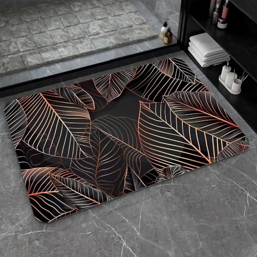 Bath Mat-Bathroom Rug，Black Rose Gold line Leaves-Absorbent Non Slip Quick Dry Stain Resistant Easy to Clean Care Shower Rug for Bathtub Shower Room 20×31Inch (50 * 80cm) - color: Black Rose Gold Line Leaves-, size: 20 x 31 inches