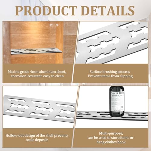 12 Inch Shower Niche Shelf Brushed Anodized Aluminum Finish Tile Insert | Rectangular Shelf For 12 Inch Tile Prefabricated Niches, Fits 1/8 Inch Grout Lines, Shower Niche Insert Brushed Anodized - size: Aluminum - Silver
