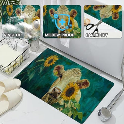 Bathroom Runner Mat Rugs Long,Cow with Sunflower Animal Beautiful Diatomite Stone Bath Mat Large Absorbent Diatomaceous Earth Mat Non Slip Fast Dry Shower Mat Bathroom Rugs Floor Mat 16x42in - color: Design15