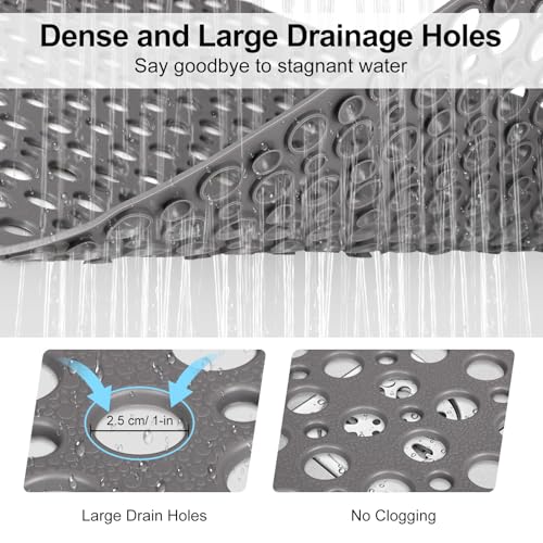 Bathtub Mat Non Slip: 30x17 inch Soft TPE Shower Mat with Suction Cups and Drain Holes, Efficient Drainage Anti Slip Shower Mats for Inside Shower, Easy to Dry&Cut, Machine Washable - color: Grey, size: 30" x 17" (Rectangular)