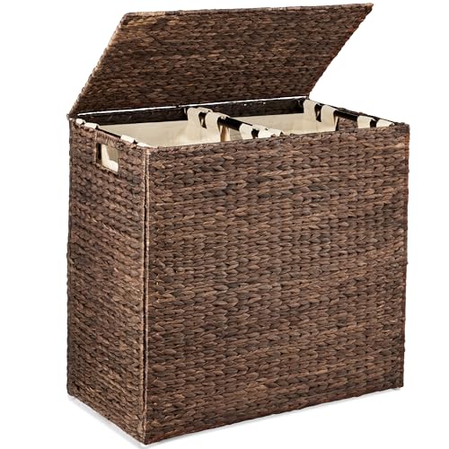 Best Choice Products Large Double Laundry Hamper with Lid, Natural Handwoven Water Hyacinth, 2 Sections w/ 2 Machine Washable Linen Liner Bags, Portable, Handles - Espresso - color: Espresso