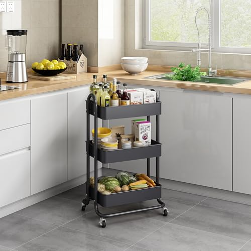 MIOCASA 3-Tier Metal Utility Rolling Cart, Heavy Duty Multifunction Cart with Lockable Casters, Easy to Assemble, Suitable for Office, Bathroom, Kitchen, Garden (Dark Gray, 3-Tier-Metal) - style: Dark Gray