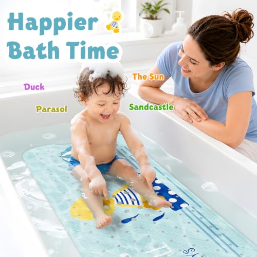 Baby Bath Mat for Tub Non Slip Kids, BPA Free Extra Long Bathtub Mat 40x16 with Drain Holes and 200 Suction Cups, Non Toxic Machine Washable Toddler Bath Mat, Eco-Friendly Certified - color: Light Blue Summer Duck