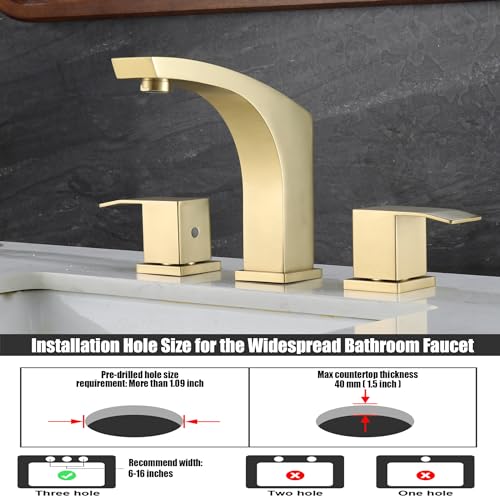 Brushed Gold 3 Hole 8 inch Widespread Bathroom Sink Faucet Modern | with Pop Up Drain and cUPC Supply Hose, 2 Handle 8 inch Brass Wide Spread Vanity Faucet, Restroom Basin Taps - color: Brushed Gold, size: 8 Inch Widespread