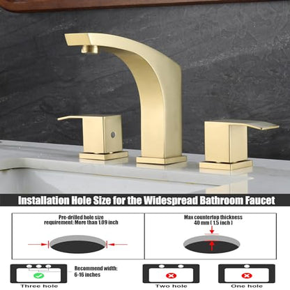 Brushed Gold 3 Hole 8 inch Widespread Bathroom Sink Faucet Modern | with Pop Up Drain and cUPC Supply Hose, 2 Handle 8 inch Brass Wide Spread Vanity Faucet, Restroom Basin Taps - color: Brushed Gold, size: 8 Inch Widespread