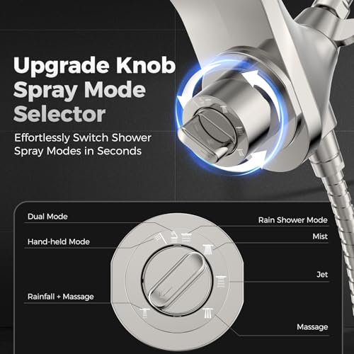High Pressure Rain Shower Head with Handheld Spray Combo | Detachable Dual Shower Head with 10 Sprays Modes - Upgrade Knob Spray Mode Selector and Magnetic Guidance Docking System - color: Brushed Nickel
