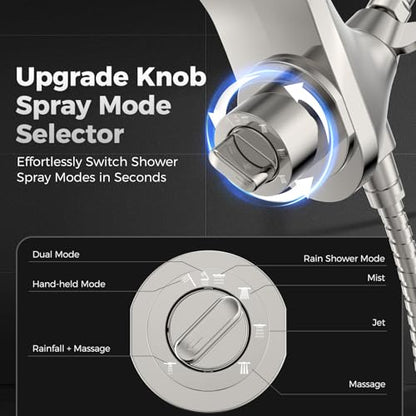 High Pressure Rain Shower Head with Handheld Spray Combo | Detachable Dual Shower Head with 10 Sprays Modes - Upgrade Knob Spray Mode Selector and Magnetic Guidance Docking System - color: Brushed Nickel