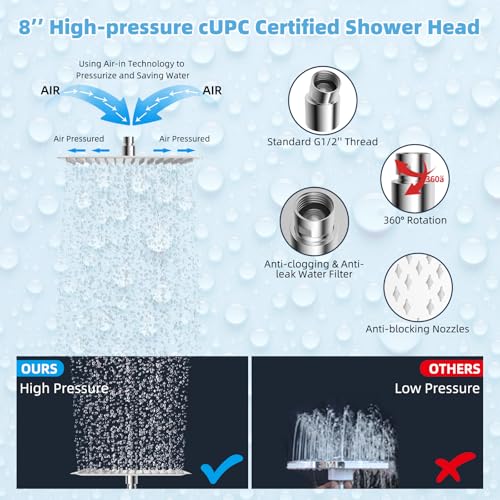 Hibbent All Metal CUPC Certified 8'' Rainfall Shower Head, Dual Shower Head Combo with 4 Handheld Sprays, High Pressure Shower Wand, 16'' Adjustable Extension Arm, 71'' Hose, Shower Holder, Chrome - color: Chrome, style: Square 8''