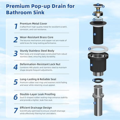Hibbent Metal Bathroom Sink Drain & Stopper Fit with or Without Overflow | Universal Drain Stopper with Detachable Stainless Steel & Brass Strainer Basket for Lavatory Vanity Vessel Sink, Matte Black - color: Matte Black