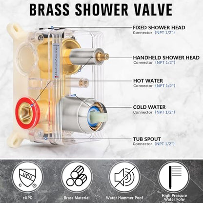 12 Inch Rainfall Shower System with Tub Spout Wall Mounted Complete Combo with Solid Brass Pressure Balancing Valve, High Pressure Shower Head, Handle Set & Installation Accessories - color: Brushed Nickel