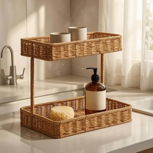 Two Tier Storage Rack Woven Rattan Storage Rack Thickened Edges Countertop Organizer for Vanity Table, Large, Widened Lower Layer - size: Large, Widened Lower Layer