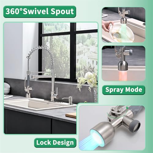 Fapully Commercial Kitchen Faucets with Pull Down Sprayer Brushed Nickel | Kitchen Sink Faucet with Soap Dispenser and Deck Plack,Single Handle 4 Hole Faucet for Kitchen Sink, 360° Swivel - color: Brushed Nickel, style: Rustic