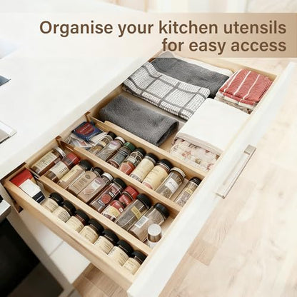 Adjustable Bamboo Drawer Dividers of 4, Expandable Organizers (16.9"-22.2") | Spring-Loaded Kitchen Drawer Organizer, Non-Slip Ends, 2.2" High, Easy Setup & Clean, for Kitchen, Dresser, Clothes, Bath - size: 2.3"High, 16.9“-22.2”Long, 4Pack