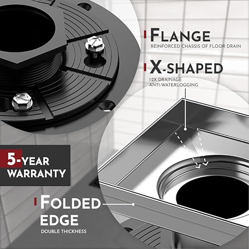 6 Inch Square Shower Drain Brushed Floor Drain with Flange Square Holes Pattern Cover Grate Removable SUS304 Stainless Steel Watermark&CUPC Certified Brushed - color: Brushed, size: 6 Inch