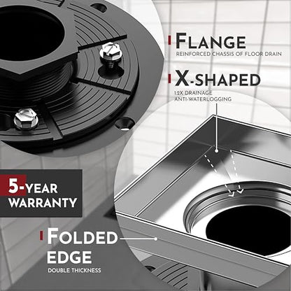 6 Inch Square Shower Drain Brushed Floor Drain with Flange Square Holes Pattern Cover Grate Removable SUS304 Stainless Steel Watermark&CUPC Certified Brushed - color: Brushed, size: 6 Inch