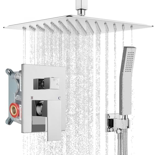 gotonovo Ceiling Shower System with Handheld Polished Chrome,12 inch Head | Ceiling Mount Bathroom Shower Faucet Set,SUS304 Rainfall Head and Handle Set Combo,Brass Valve Trim Kit,All Metal - color: Chrome, size: 12 inch Head