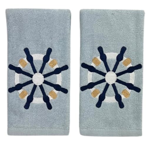 Serafina Home Coastal Nautical Ocean Embroidered Navy White Fingertip Towels, Captains Ship Wheel, Set of 2, 12 x 18 inches, 100% Cotton, - color: Ships Wheel