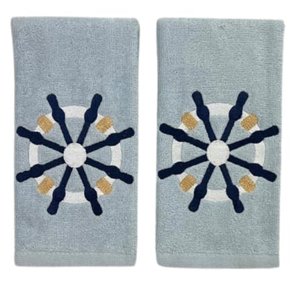 Serafina Home Coastal Nautical Ocean Embroidered Navy White Fingertip Towels, Captains Ship Wheel, Set of 2, 12 x 18 inches, 100% Cotton, - color: Ships Wheel