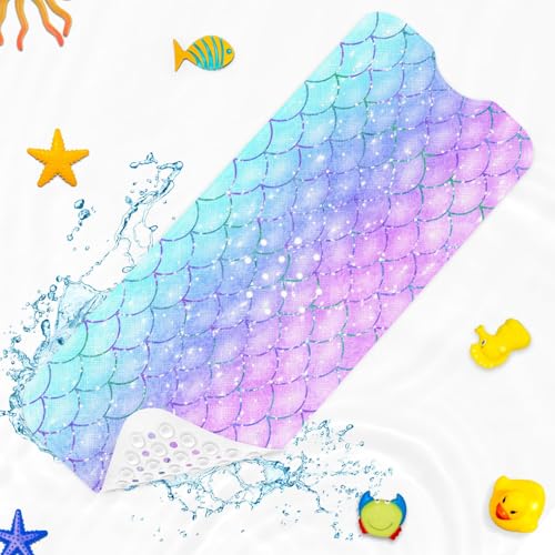 Pink Blue Mermaid Bathtub Shower Mat Fish Underwater Sea Non-Slip Tub Extra Long Bath Floor 40X16 Inch Machine Washable for Bathroom Tub Bath Mat for Toddler and Baby - color: Pink Blue Mermaid Scale