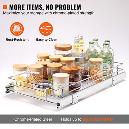 VEVOR 12.5"Wx21"Dx3.5"H Pull Out Cabinet Organizer, Heavy Duty Slide Out Pantry Shelves, Chrome-Plated Steel Roll Out Drawer, Drawer Storage for Home Under Sink, 14"Wx22"Dx7"H Install Size for Cabinet - size: 12.5"Wx21"D