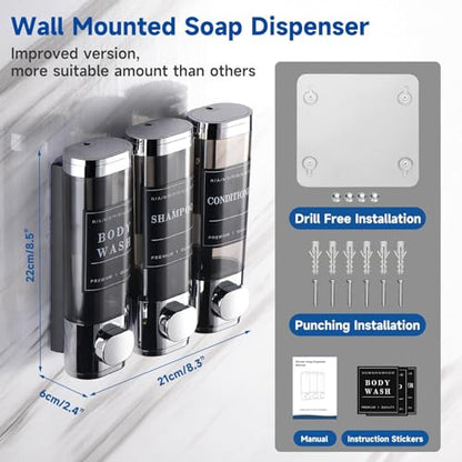 Shower Soap Dispenser Wall Mounted No Drill Shampoo Dispenser for Shower Wall Shampoo and Conditioner Dispenser Bathroom Hotel 3 * 300ml Chrome with Labels - color: Chrome