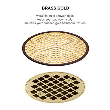 304 Stainless Steel Hair Catcher Shower Drain Cover with Silicone, Shower Stall Drain Strainer, Bathtub Hair Stopper, Bathroom Hair Trap Floor Drain Protector, Brushed Gold Brass 4.33 Inch Round Flat - color: Brushed Gold