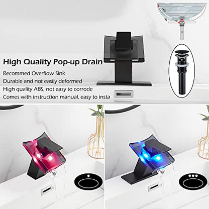 Bathroom Black Faucet Waterfall LED Glass Spout with Overflow Drain Stopper | Single Handle One Hole Deck Mount Modern Designer Basin Sink Faucet 3 Color Changing Battery Powered Lavatory Vanity - color: Black, style: LED with Drain