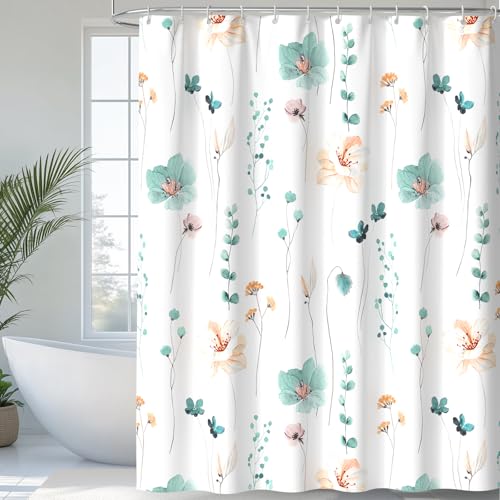 QiyI Watercolor Floral Shower Curtain, Flowers Print Minimalist Bathroom Curtain, Machine Washable Spring Modern Shower Curtains, Waterproof Fabric Shower Curtain Set with Hooks, 72 x 72, Teal - color: Teal, size: 72"W x 72"L (Pack of 1)