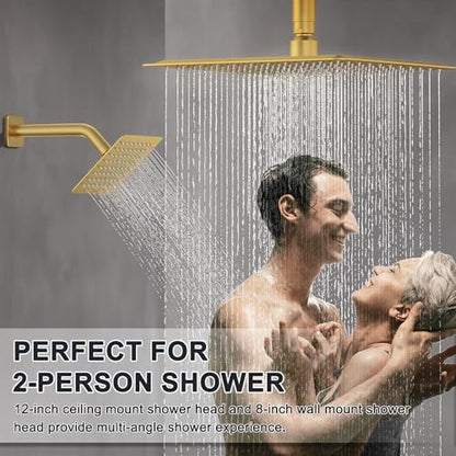 Iriber Thermostatic Shower System with Adjustable Water Flow Push Button Diverter, Square Dual Shower Heads Faucet Set with Handheld Spray, Brushed Gold Shower Mixer Valve Trim Kit (Valve Included) - color: Brushed Gold 05