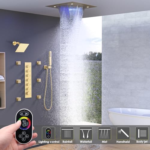 Enga Luxury Dual Shower Head System with Body Jets LED Thermostatic Shower System with 6 inch Wall Shower, 20-Inch 3 Function Shower Head (Rainfall & Mist & Waterfall), Brushed Gold - color: Brushed Gold, style: 20" Head (Rain + Mist+Waterfall) - 6" Head+