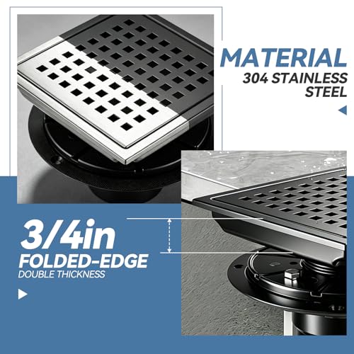 Square Shower Floor Drain, Matte Black Finish, Grid Pattern Strainer Cover (Black, Grate) - color: Black